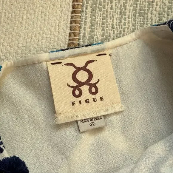 Figue Lucie White Blue Embroidered Pom Pom Long Balloon Sleeves Boho Mini Dress - Picture 12 of 13